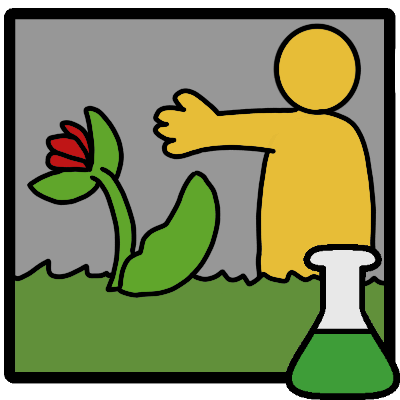 A yellow person reaching towards a flower on grass, in a frame with a green beaker in the corner.